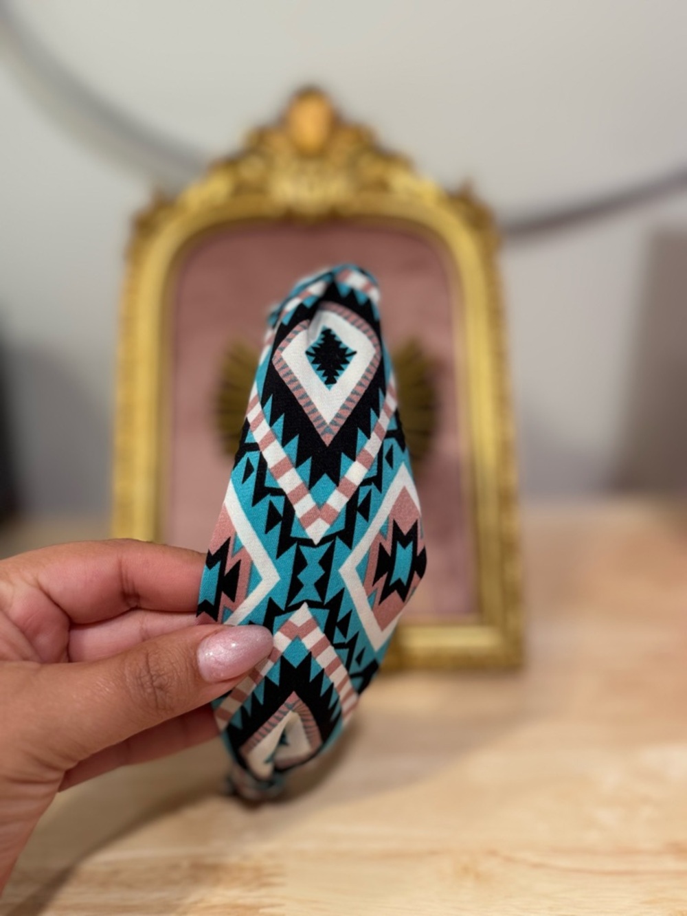 Geometric Print Knot Headband in Teal, Blush & Black